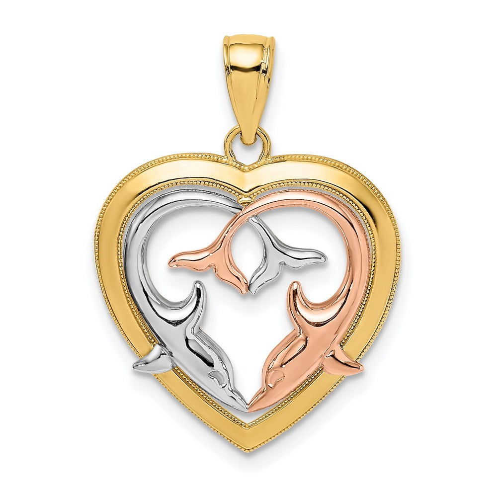 14K Two-Tone w/White Rhodium Dolphins In Heart Frame Charm