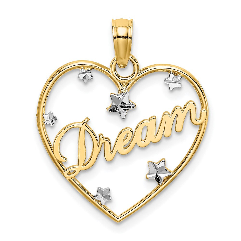 14k w/Rhodium Diamond-cut DREAM  Heart with Stars Charm
