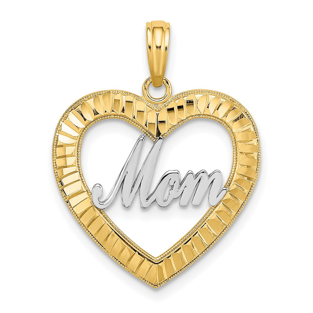 14k w/ Rhodium Diamond-cut Heart MOM Charm