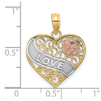 Load image into Gallery viewer, 14k Two-tone with White Rhodium LOVE Banner on Filigree Heart Charm
