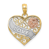Load image into Gallery viewer, 14k Two-tone with White Rhodium LOVE Banner on Filigree Heart Charm
