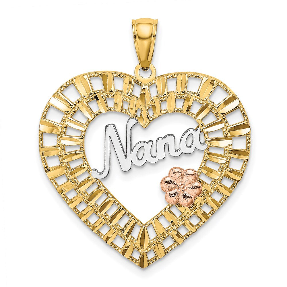 14k Two-tone w/White Rhodium NANA Heart w/Flowers Charm