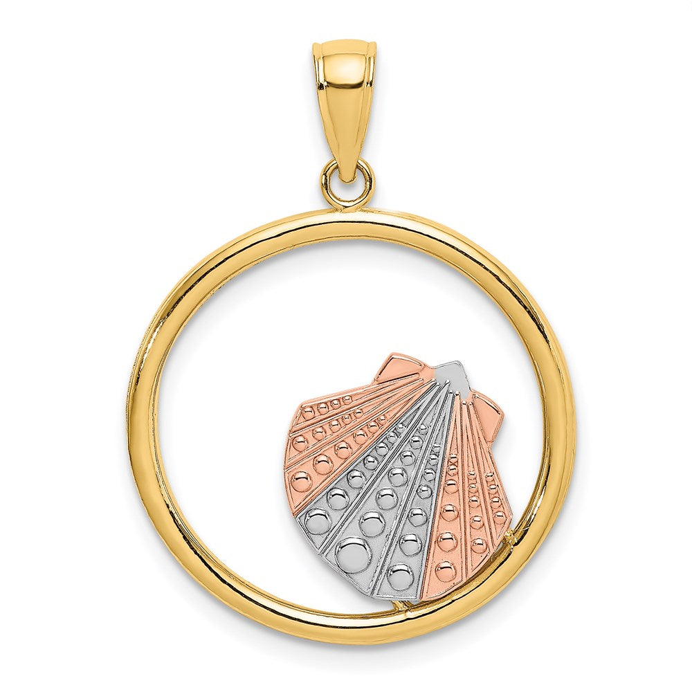 14K Two-tone w/White Rhodium Scallop Shell In Circle Charm