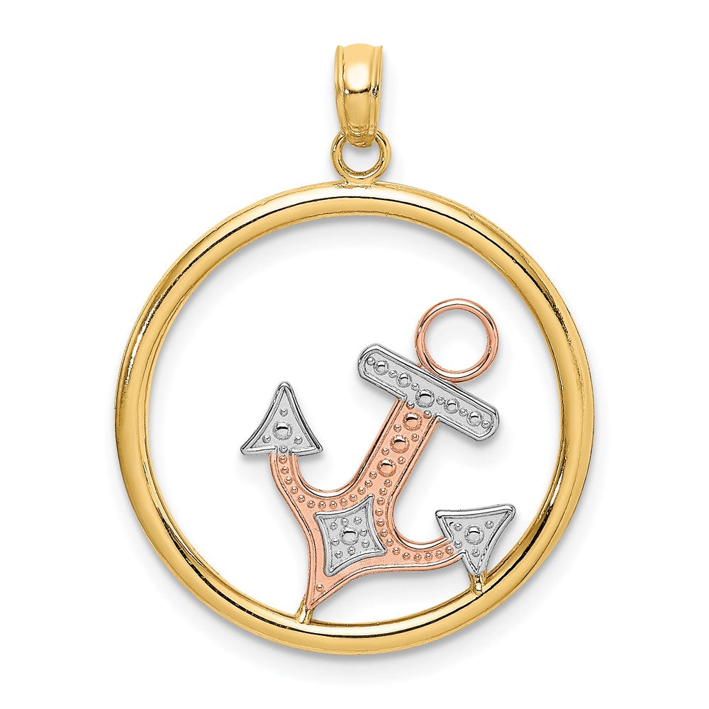14K Two-tone w/White Rhodium Anchor In Circle Charm