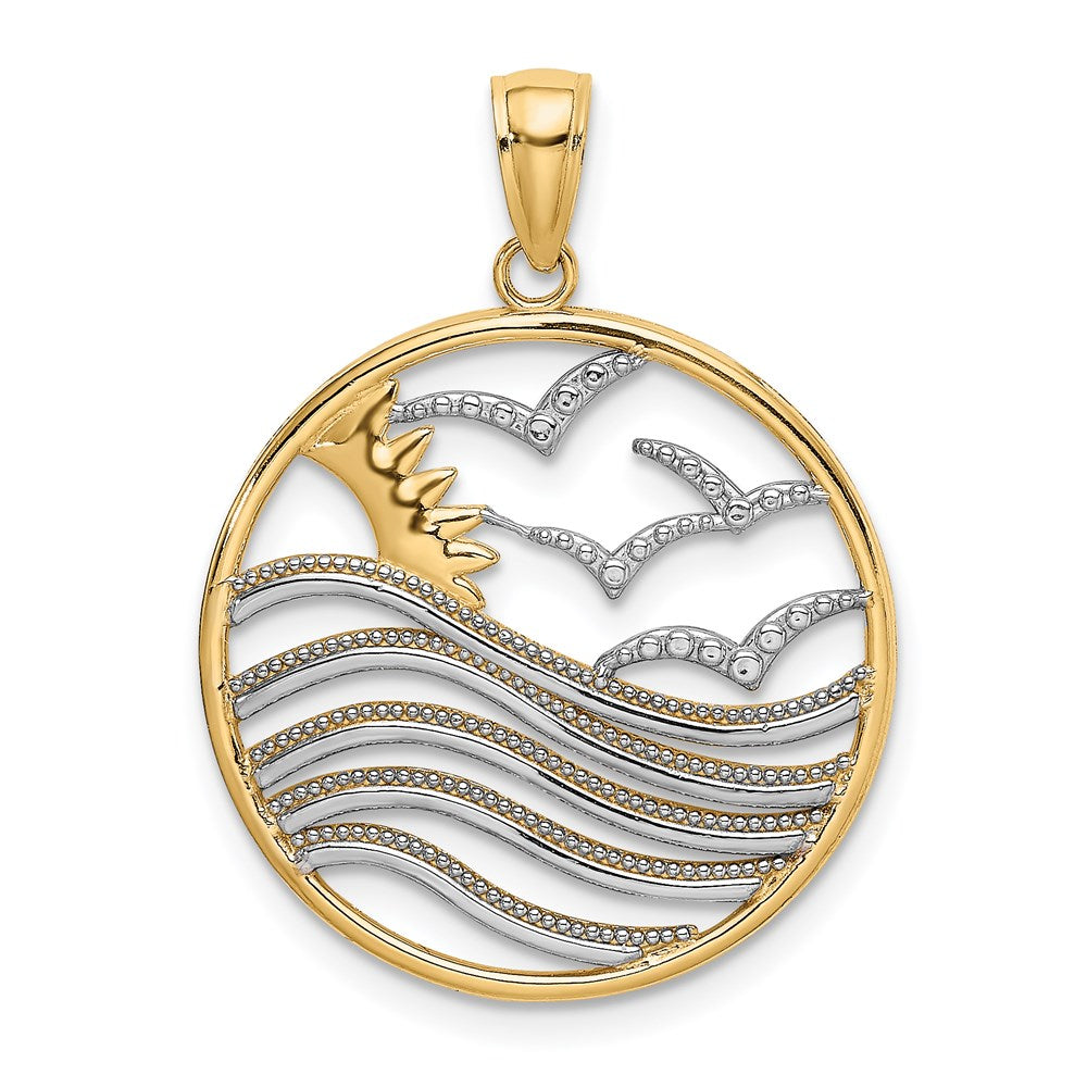 14k w/Rhodium Sunset and Seagulls In Circle Pendant