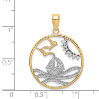 Load image into Gallery viewer, 14k w/Rhodium Sun Sailboat Water Seagulls Circle Charm
