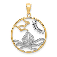 Load image into Gallery viewer, 14k w/Rhodium Sun Sailboat Water Seagulls Circle Charm
