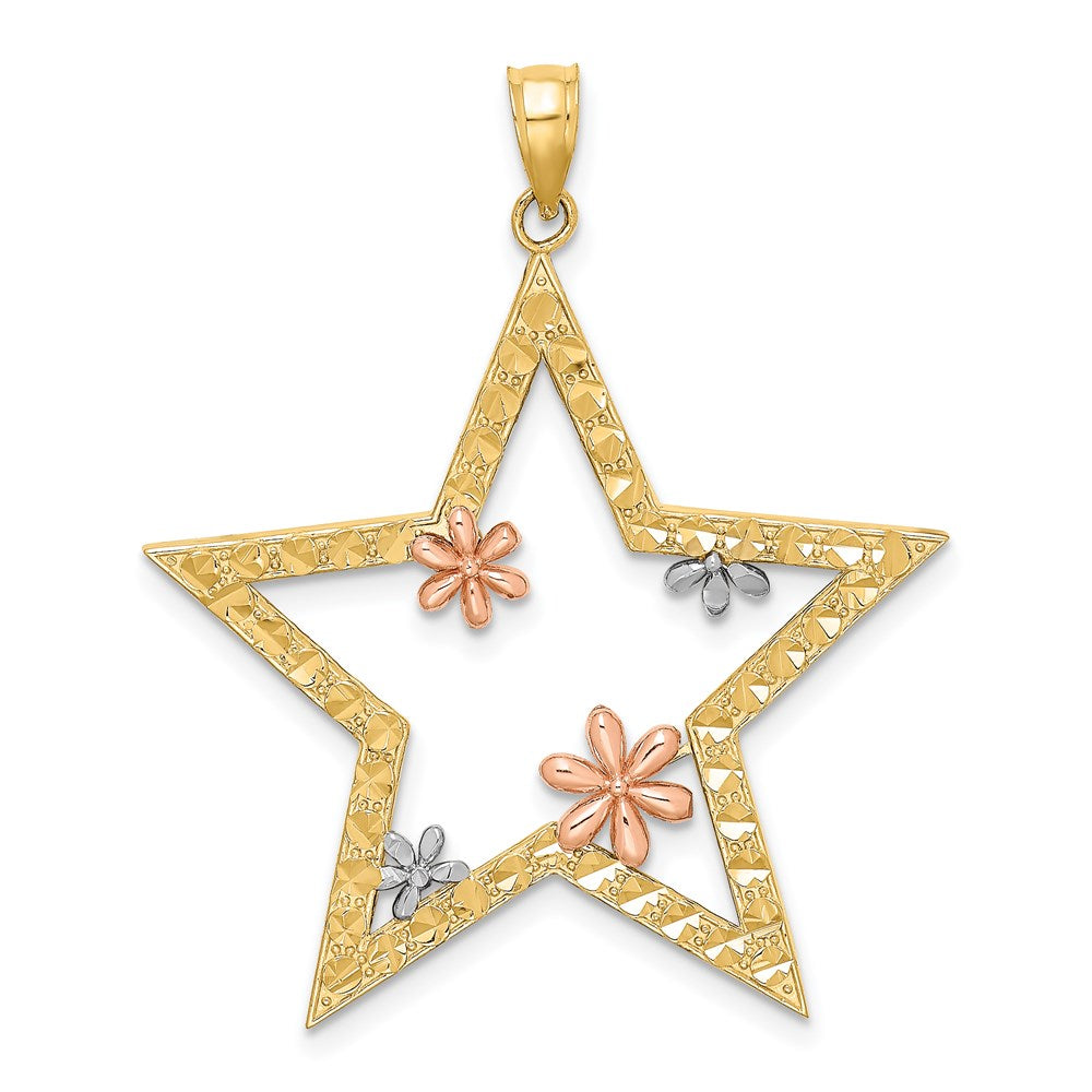 14k Two-tone w/White Rhodium Star w/Flowers Charm