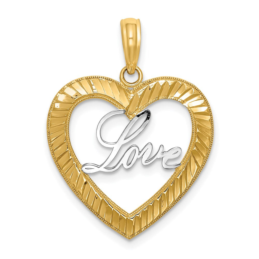 14k and Rhodium Diamond-cut LOVE Heart Pendant