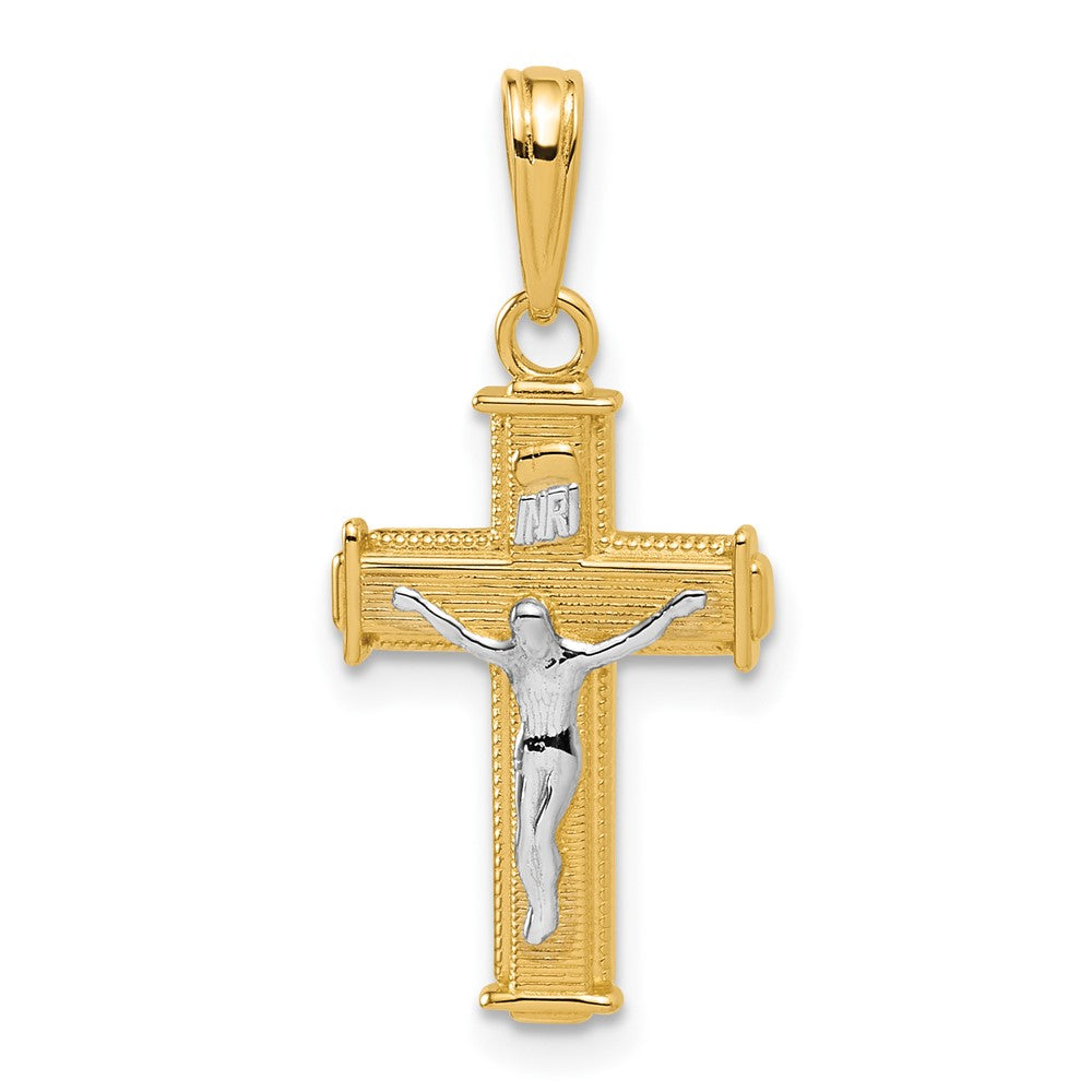 14K W/ Rhodium Polished Block INRI Crucifix Charm