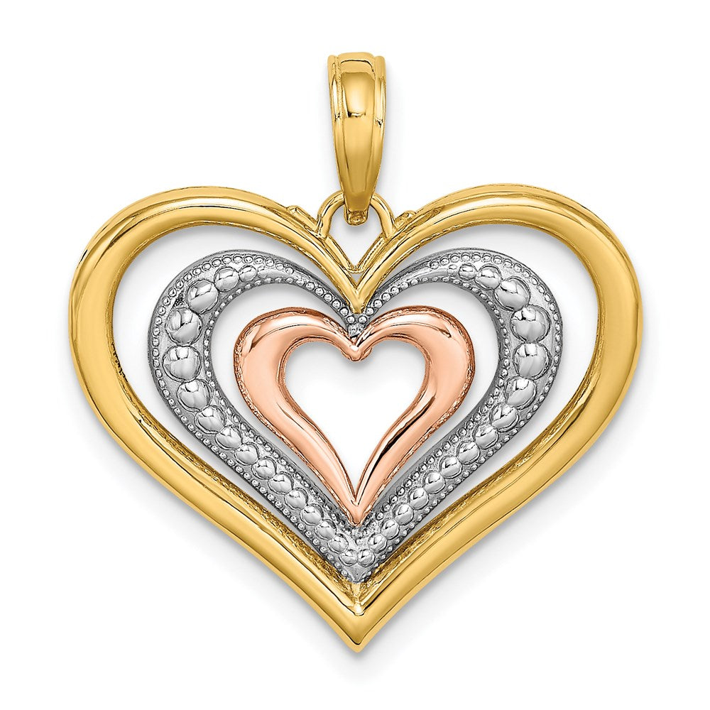 14k Two-tone White Rhodium Textured and Polished Triple Hearts Charm