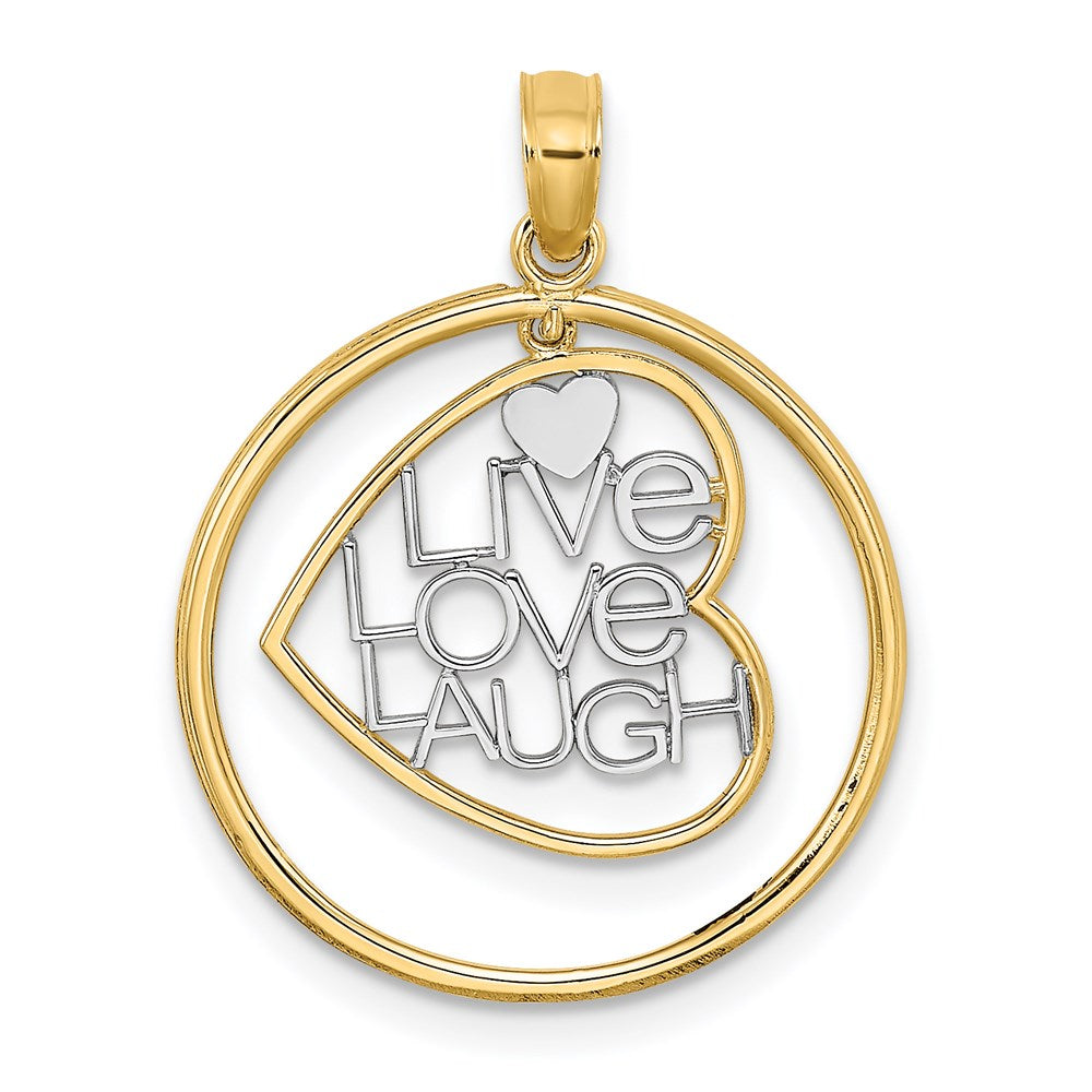 14k w/Rhodium LIVE LOVE LAUGH Heart Dangling In Circle Charm