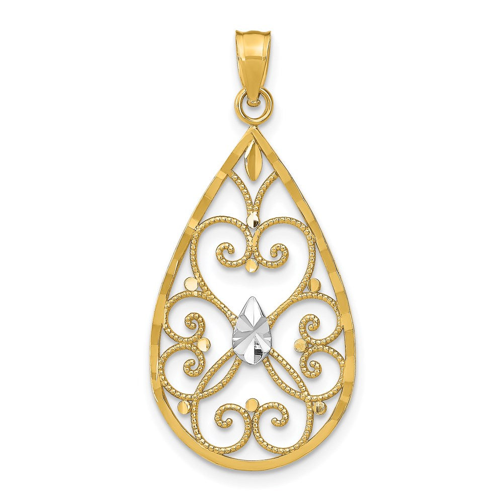 14K w/Rhodium Heart Beaded Filigree D/C Teardrop Charm