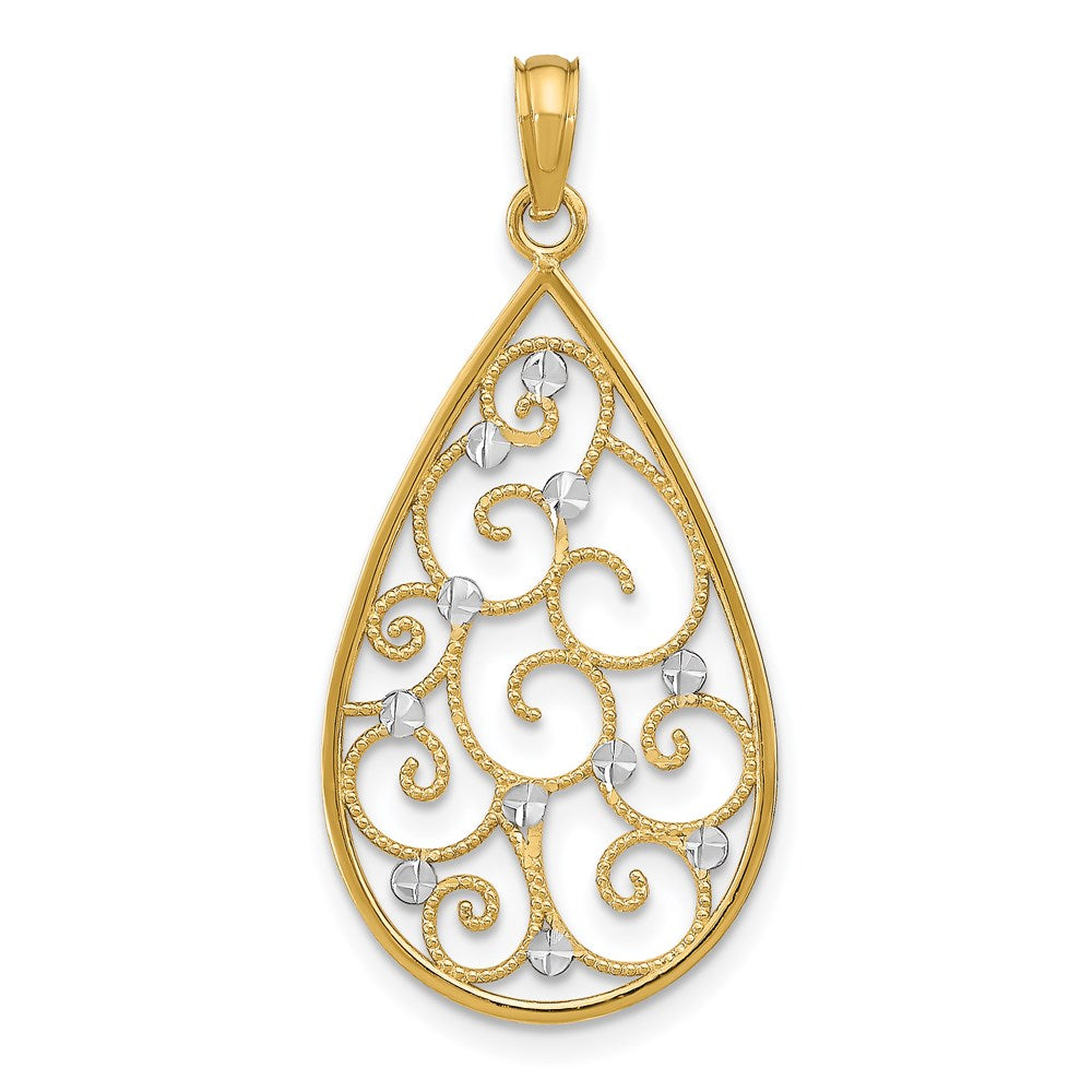 14K w/Rhodium Beaded Filigree D/C Teardrop Charm