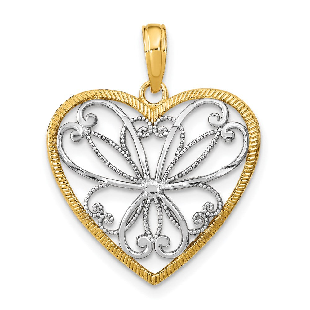14k w/Rhodium Filigree Heart Charm