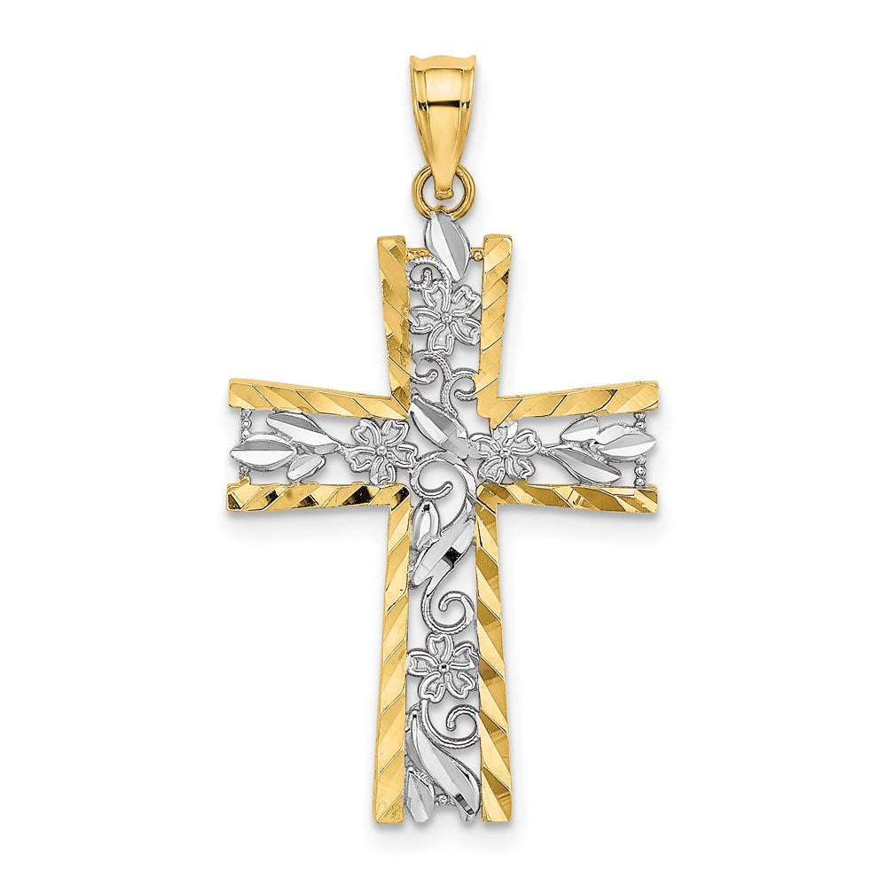 14K W/ Rhodium and D/C Flower Design Cross Charm