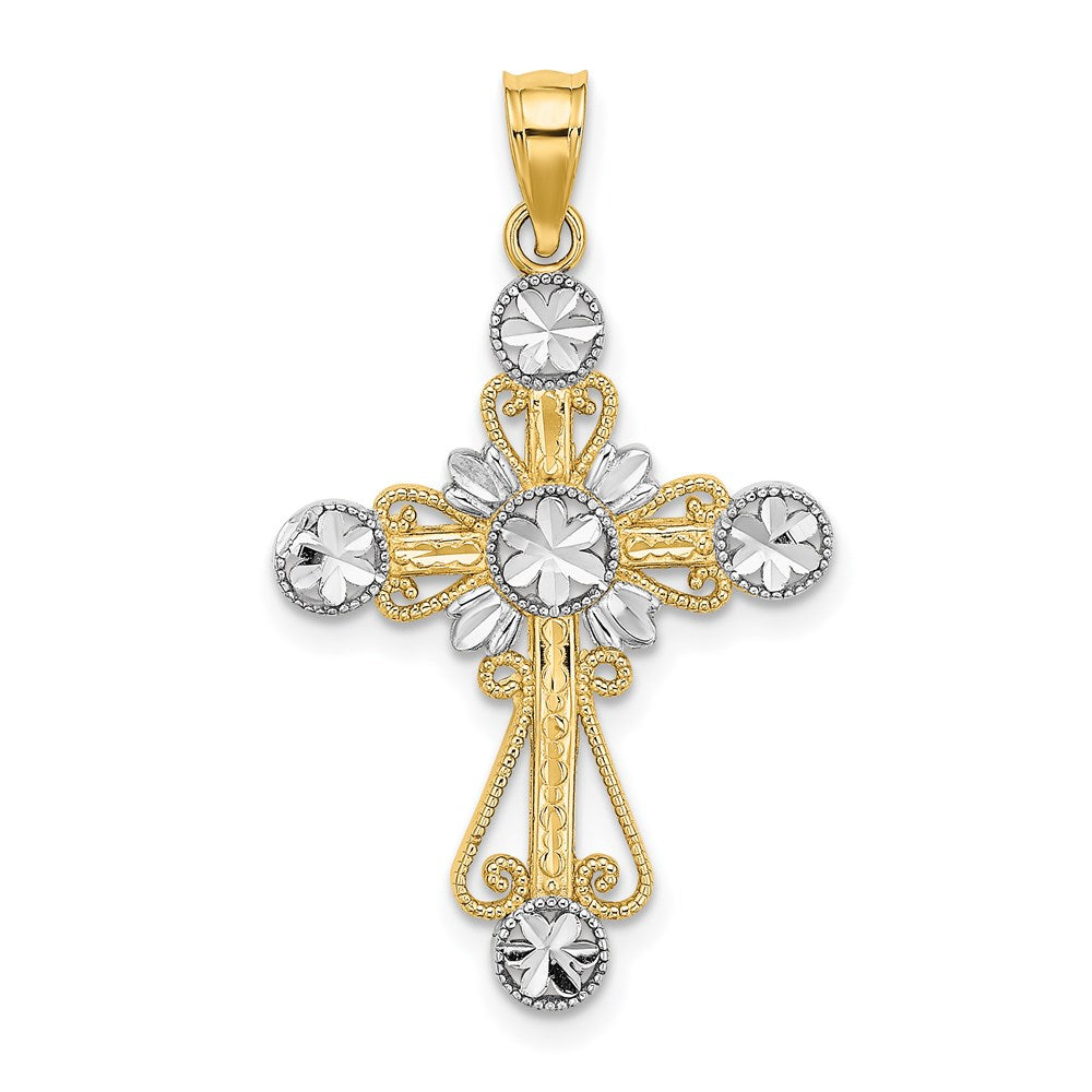 14K W/ Rhodium D/C Flower Design Cross Charm