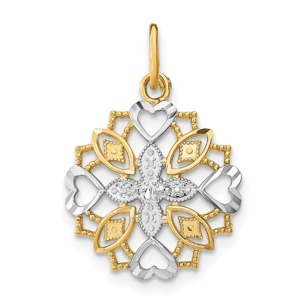 14K w/Rhodium Center Flower and Heart Charm