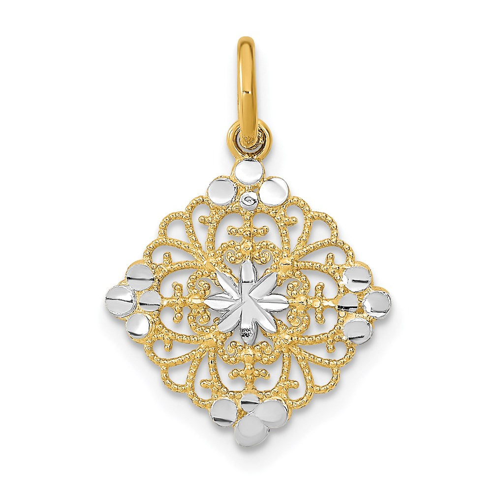14K w/Rhodium and D/C Filigree Medallion Charm