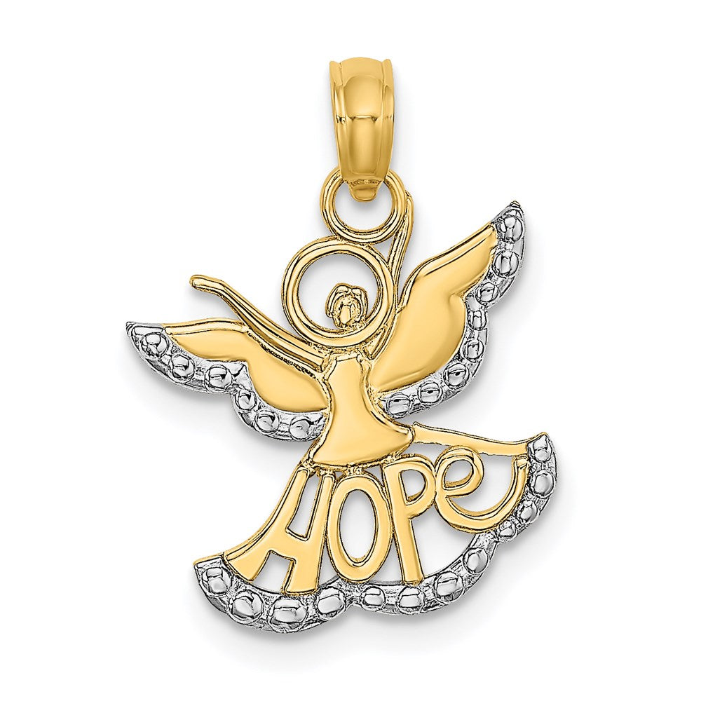 14K w/Rhodium Polished/Textured Cut-Out HOPE Angel Charm