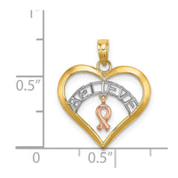 Load image into Gallery viewer, 14k Two-tone White Rhodium BELIEVE in Heart w/ Breast Cancer Ribbon
