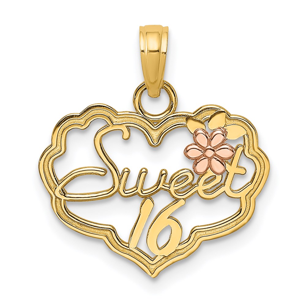 14k Two-Tone SWEET 16 Heart w/ Flower Charm