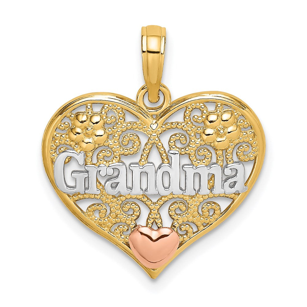 14k Two-tone White Rhodium GRANDMA In Filigree Heart Charm