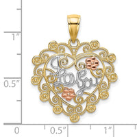 Load image into Gallery viewer, 14k Two-tone w/White Rhodium I LOVE YOU Filigree Heart Flower Charm
