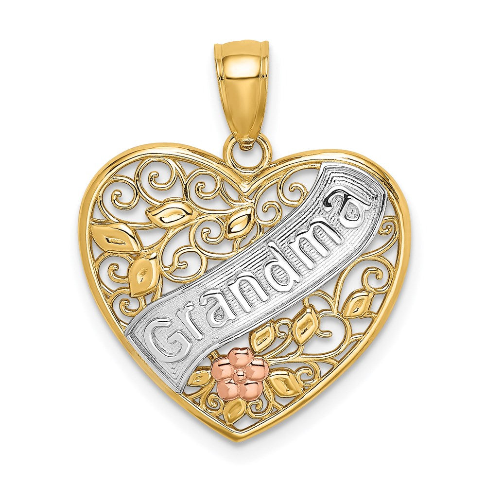 14k Two-tone White Rhodium GRANDMA In Filigree Heart w/ Flowers Charm