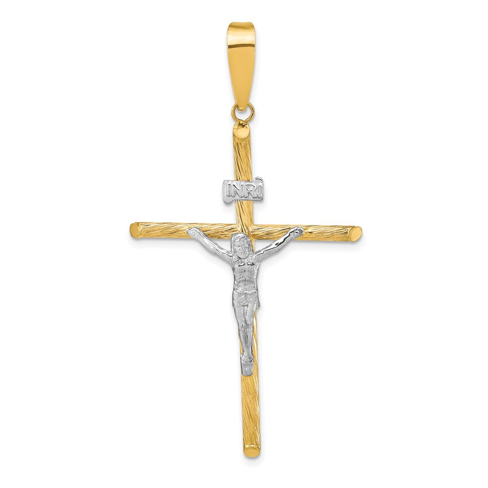 14K w/White Rhod Polished & Textured INRI Crucifix Cross Pendant