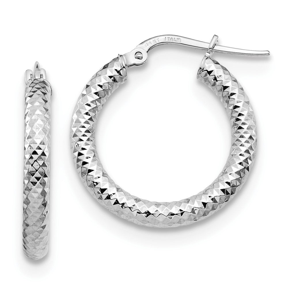 14K 3x20 with White Rhodium Plating D/C Round Hoop Earrings