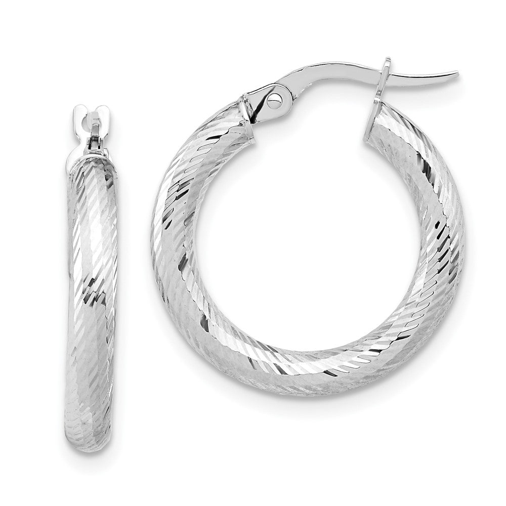 14K 3x15 with White Rhodium Plating D/C Round Hoop Earrings