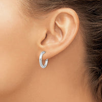 Load image into Gallery viewer, 14K 3x15 w/ White Rhod Plating D/C Round Omega Back Hoop Earrings
