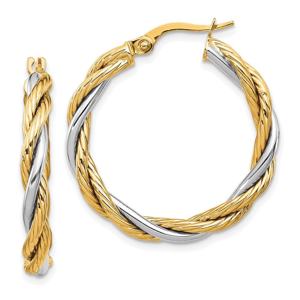 14K w/White Rhodium Polished Twisted Hoop Earrings