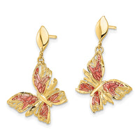 Load image into Gallery viewer, 14k Polished D/C Pink Enamel Butterfly Post Dangle Earrings
