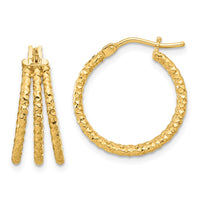 Load image into Gallery viewer, 14K Polished and Textured Three Row Hoop Post Earrings
