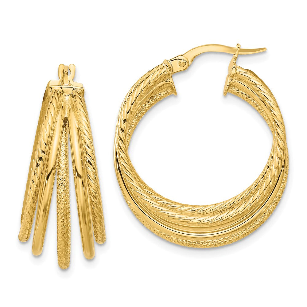 14K Polished and Multi Textured Hoop Earrings