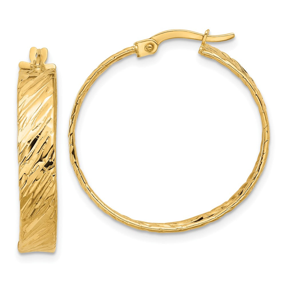 14K Polished and Textured Round Hoop Earrings