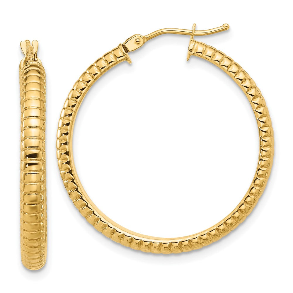 14K Polished and Textured Round Hoop Earrings