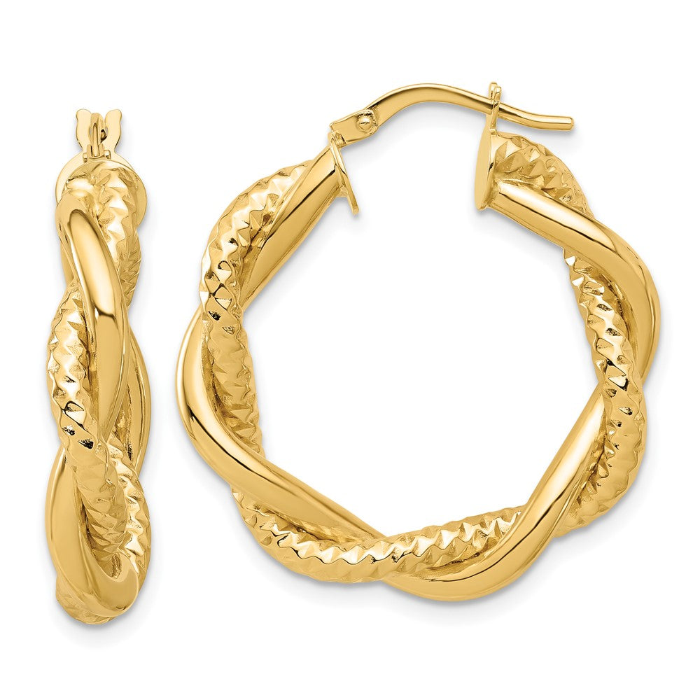 14K Polished and Textured Twisted Round Hoop Earrings