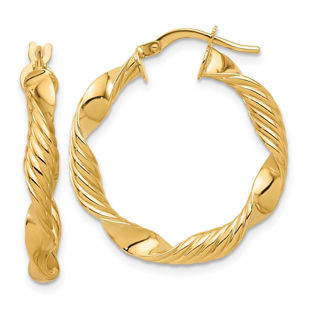 14K Polished and Textured Round Hoop Earrings