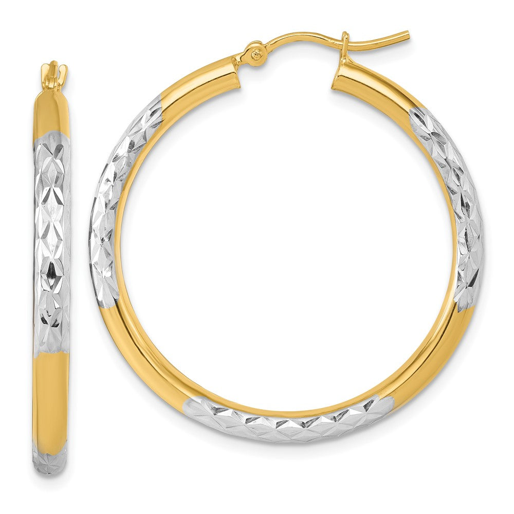 14k with Rhodium Diamond Cut 3mm Hoop Earrings