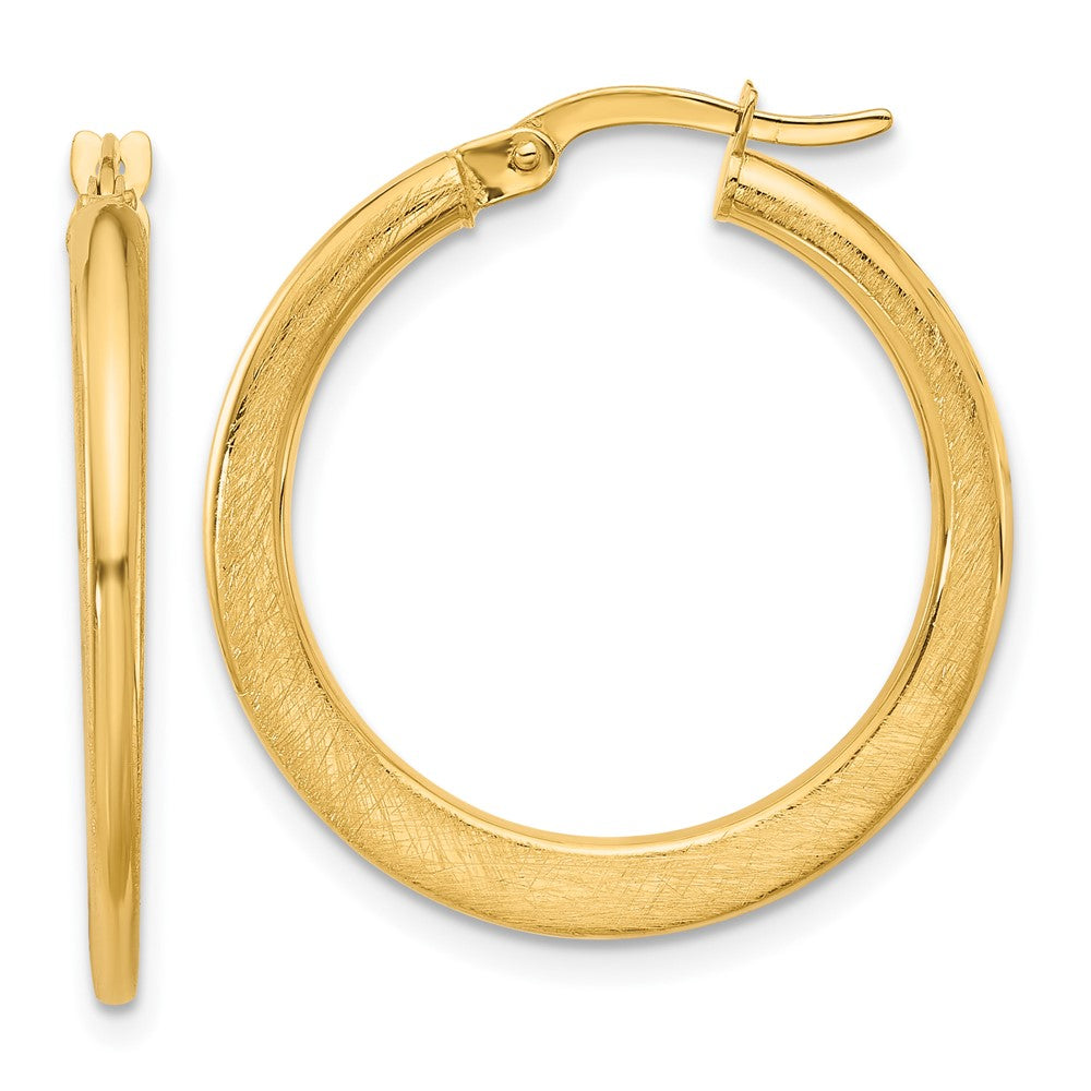 14K Polished and Scratch Finish Round Hoop Earrings