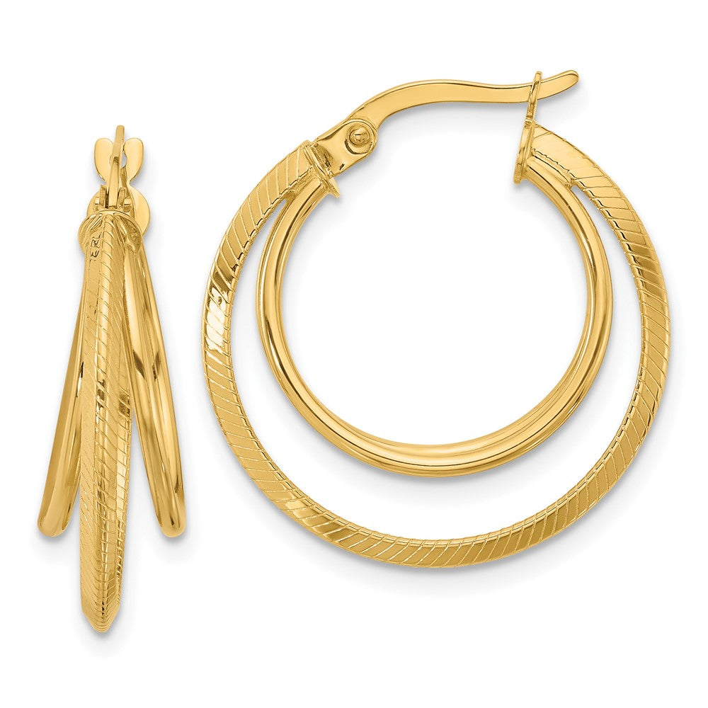 14K Polished and Textured Triple Row Hoop Earrings