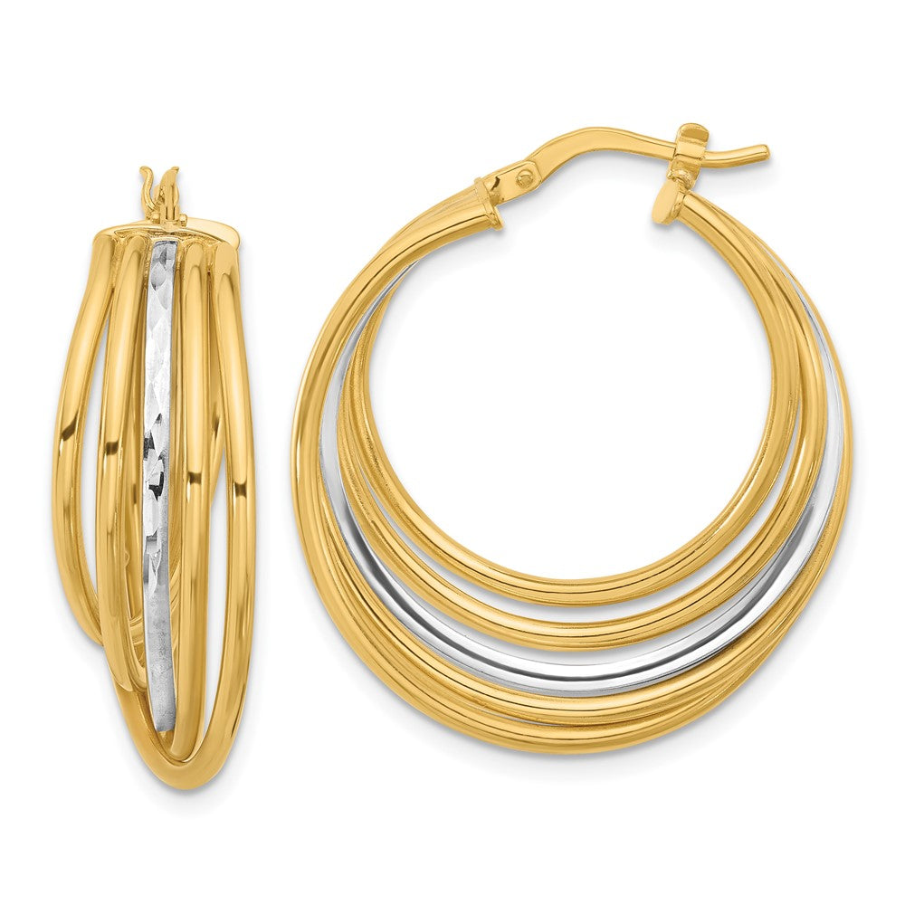 14K w/White Rhodium Polished and D/C Fancy Hoop Earrings