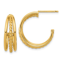 Load image into Gallery viewer, 14K Polished and Textured 3-Row Round J-Hoop Post Earrings
