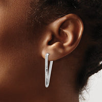 Load image into Gallery viewer, 14K w/Wht RH-plat Polished/Dia-cut Triangle J-Hoop Earrings
