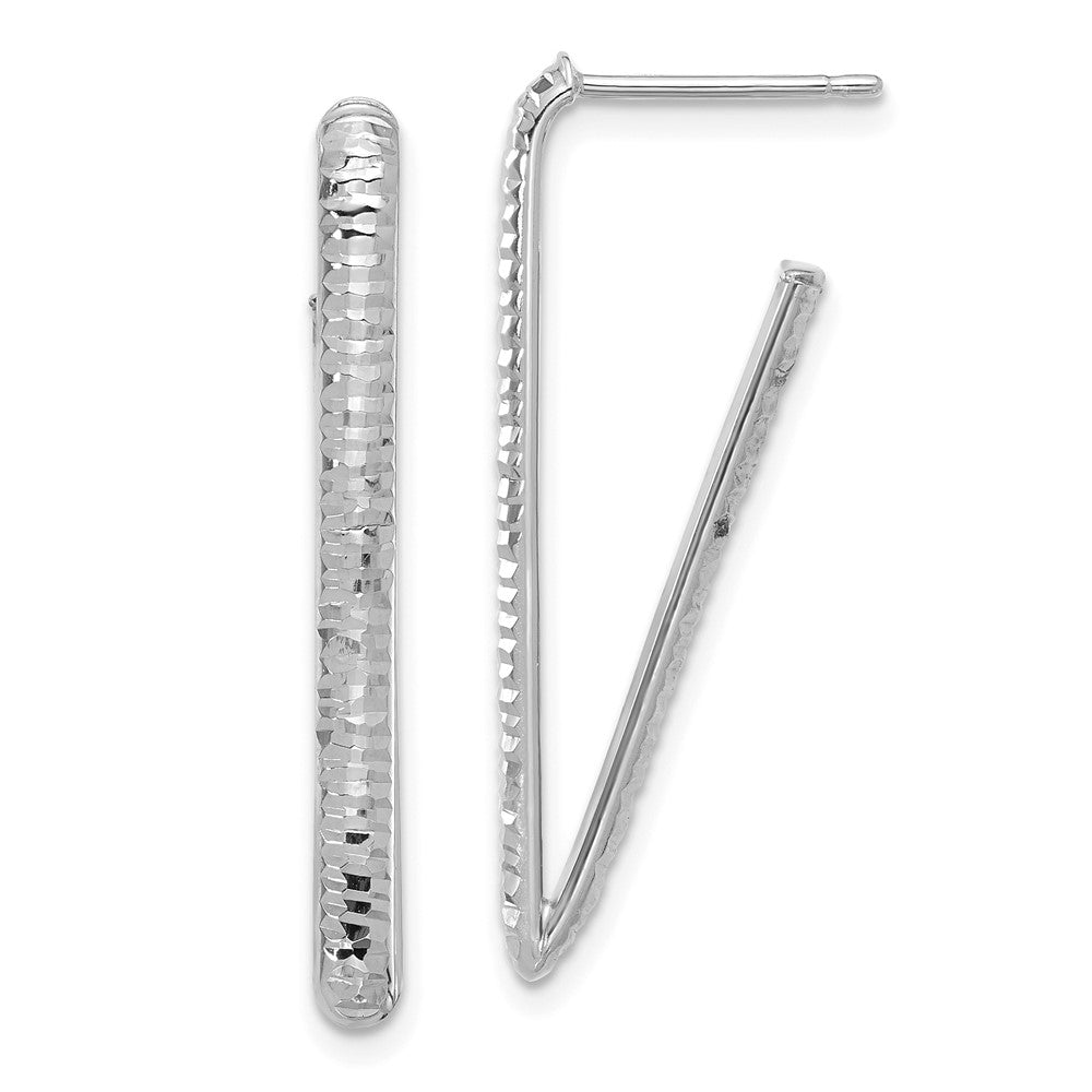 14K w/Wht RH-plat Polished/Dia-cut Triangle J-Hoop Earrings