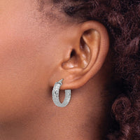 Load image into Gallery viewer, 14K w/Wht RH-plating Polish/Texture/Dia-cut Hoop Earrings
