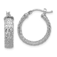 Load image into Gallery viewer, 14K w/Wht RH-plating Polish/Texture/Dia-cut Hoop Earrings
